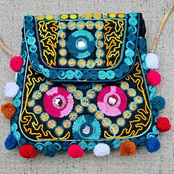 Kids Cross Body Bag Multi Color Pop Pom Cute Multi Colot Embroidery Bag - Picture 1 of 11